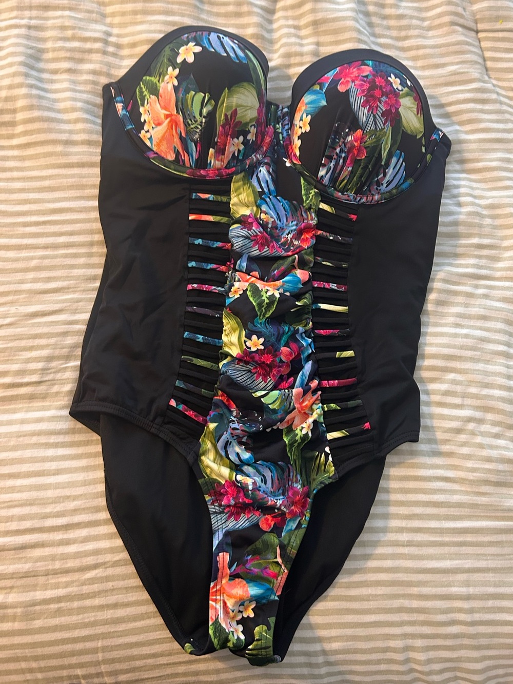 Black One-Piece Swimsuit with Tropical Floral Accents. Strapless. Size 14
